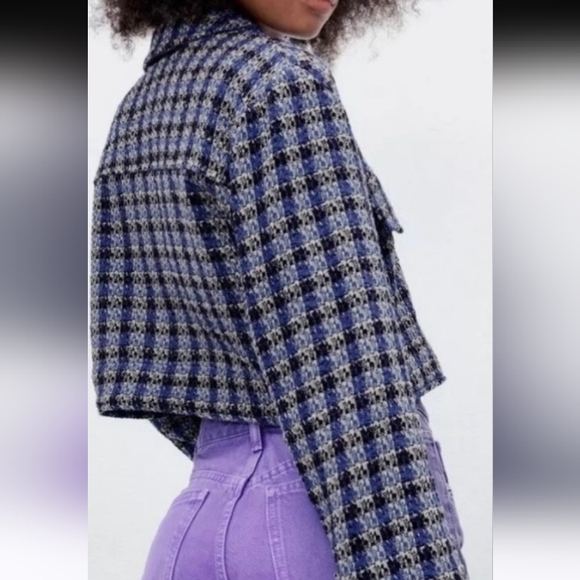 🦄 Zara Tweed Botton Blue Plaid Women's Cropped Top - Picture 3 of 9